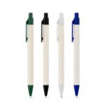 Caneta esferográfica produzida através de pacotes de leite reciclado com escrita em azul